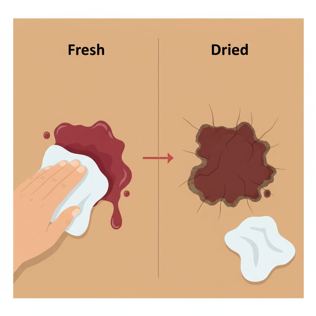 A visually clear infographic-style illustration contrasting two states of bloodstains on a smooth leather surface. On the left side, depict a fresh, slightly moist bloodstain on a section of leather, with a clean cloth gently dabbing it. On the right side, show an older, dried, and darker bloodstain, appearing more deeply set into the leather texture, perhaps with subtle signs of oxidization or slight cracking. The contrast should visually emphasize the difficulty of dried stains versus the manageability of fresh ones. Style: Clean, modern flat illustration with distinct sections.