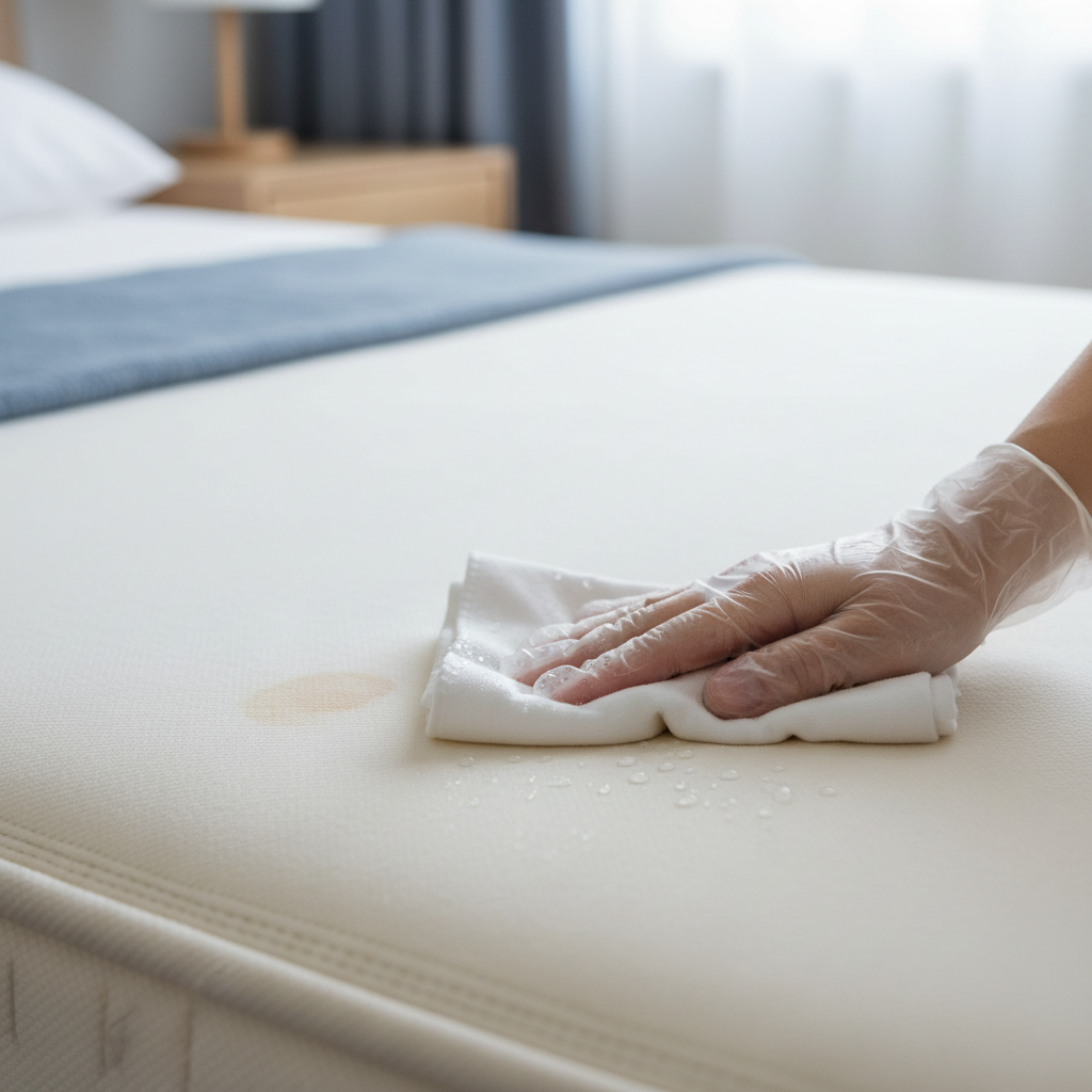 A close-up, professional photo of a mattress section. One part of the mattress shows a subtle, fresh bloodstain. Next to it, a hand (wearing a glove or not) gently dabs the stain with a clean, white cloth dampened with cold water. Small water droplets are visible on the cloth, creating a sense of active cleaning and freshness. The overall lighting is bright and clean, conveying effectiveness and a positive outcome. The background is a slightly blurred, tidy bedroom, keeping the focus entirely on the mattress and the cleaning action.
