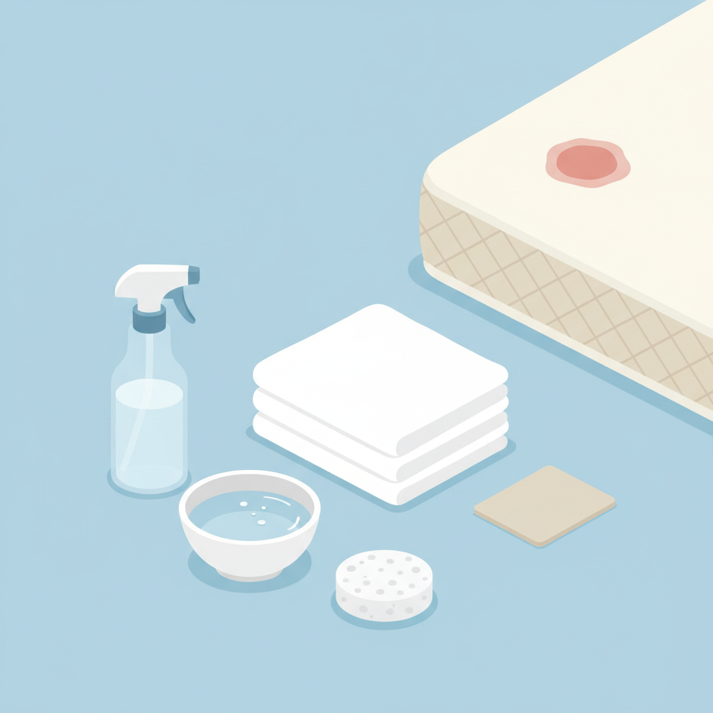 A vibrant, clean flat illustration showcasing the essential preparation for mattress stain removal. In the foreground, various cleaning tools are neatly arranged on a clean surface: a spray bottle, a small bowl of cold water, a stack of clean white cloths or sponges, and maybe a small testing patch of fabric. In the background, a corner of a stylized mattress is visible, subtly hinting at a small, light red stain that needs attention. The color palette is fresh and inviting, using soft blues, whites, and natural tones to emphasize hygiene and ease.