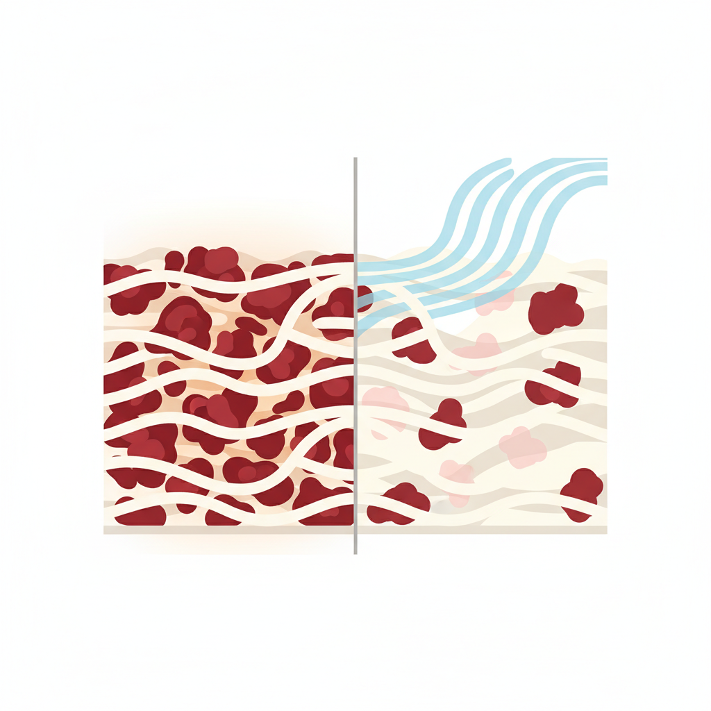 An infographic-style illustration depicting a conceptual cross-section of mattress fibers. On the left side, abstract red blood protein shapes are shown deeply embedded and tightly entangled within the mattress fibers, appearing firmly set and difficult to remove, with a subtle warm color overlay. On the right side, the same abstract red blood protein shapes are depicted loosely sitting on the fibers or dissolving, with subtle, light blue, flowing lines suggesting a 'cold water' effect, making them easily removable. Clean, minimal flat illustration with a subtle scientific diagram feel.