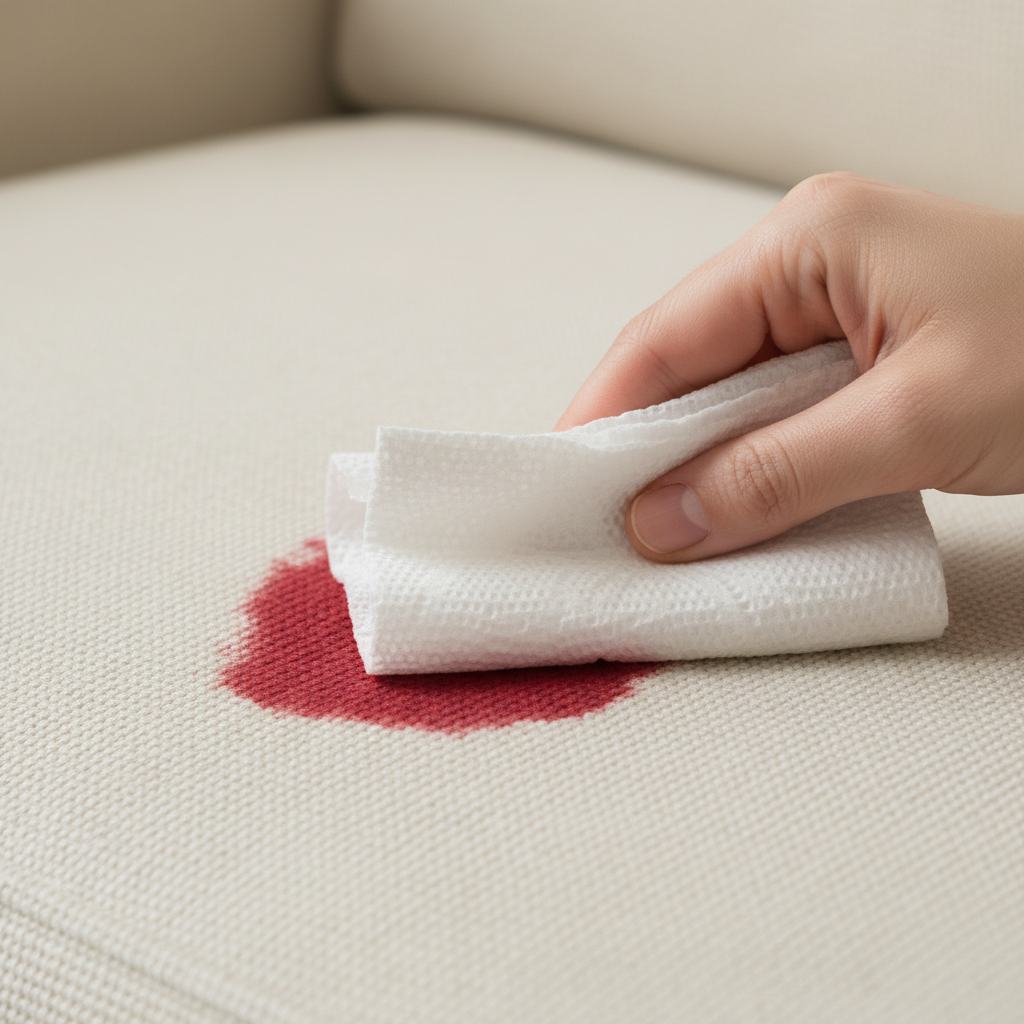 A professional, close-up photograph capturing a fresh, bright red blood stain on a light-colored, textured fabric sofa cushion. A clean, white, absorbent cloth or paper towel is gently pressed onto the center of the stain, demonstrating the immediate blotting action without rubbing. The scene highlights the contrast between the vibrant red and the soft fabric, conveying the urgency and correct first step of stain removal. The focus is sharp on the action and the stain, with soft lighting.