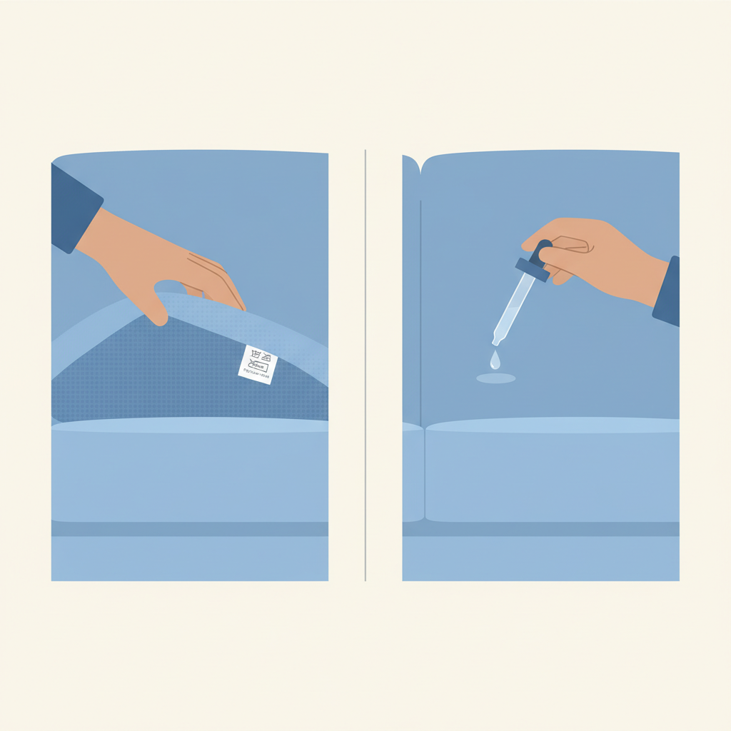 A clean and informative illustration in a flat design style, depicting two crucial preparation steps for upholstery cleaning. On the left side, a hand is carefully lifting a sofa cushion to reveal a fabric care tag on the underside, indicating the material type. On the right side, another hand is dabbing a small, clear drop of liquid onto an inconspicuous seam or hidden area of the same upholstery fabric, symbolizing a patch test. The overall composition should be bright and minimalist, emphasizing the importance of material identification and pre-testing.