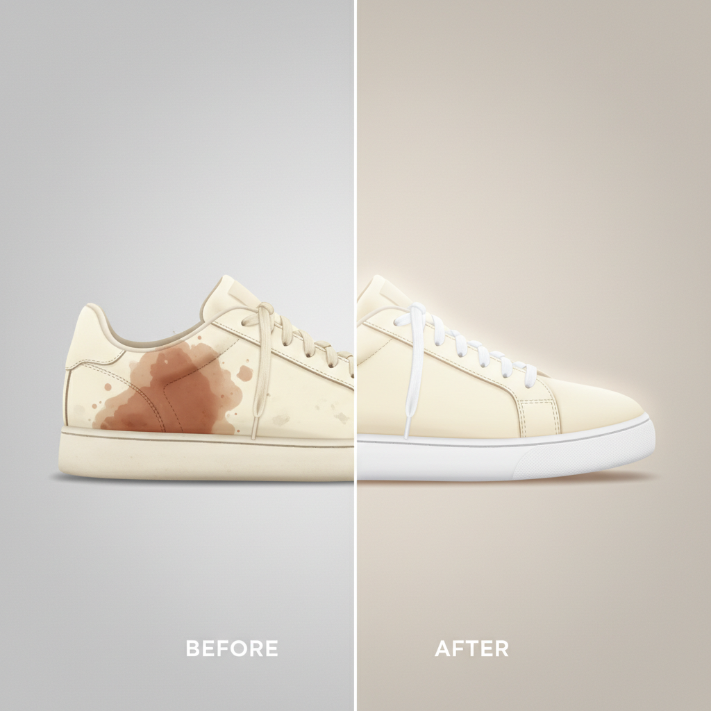 An illustrative split image showcasing a 'before and after' scenario for shoe cleaning. On the left, a well-worn, light-colored leather sneaker displays a prominent, dried reddish-brown blood stain on its side. On the right, the identical sneaker model appears completely spotless and pristine, reflecting a successful cleaning. A subtle, soft light illuminates the clean shoe, making it look restored. The background is simple and clean, focusing entirely on the shoes and their transformation. Style: Modern, clean flat illustration with subtle textures, emphasizing contrast and successful resolution.