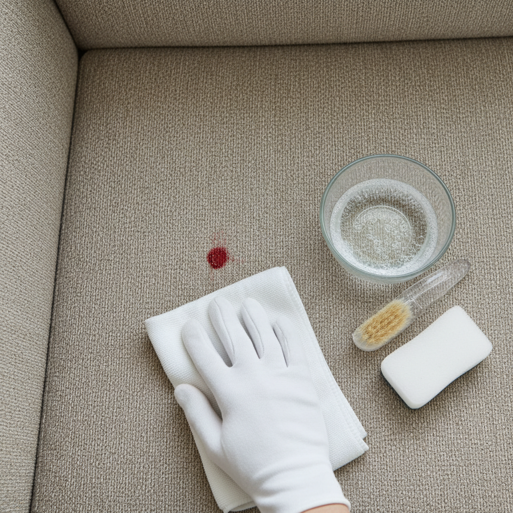 A close-up, high-angle professional photo focusing on a beige fabric sofa. A small, fresh red blood stain is visible on the upholstery. A human hand, wearing a gentle glove or with clean fingers, is carefully dabbing the stain with a clean white microfibre cloth. Nearby, a small glass bowl contains clear water or a mild cleaning solution, and a small, soft brush or sponge is also visible. The lighting is soft and natural, highlighting the texture of the fabric and the careful cleaning process. The scene conveys diligence and the immediate action of cleaning.