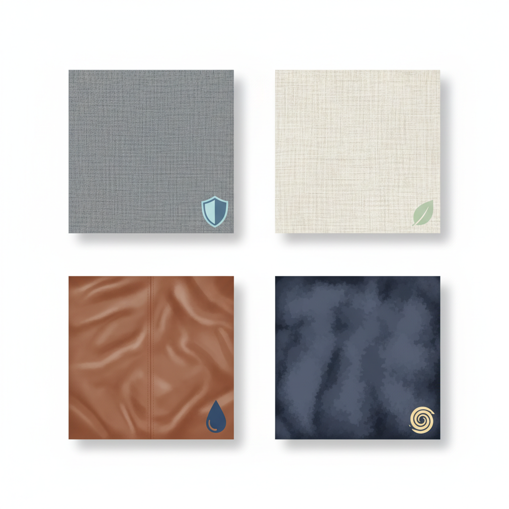 An illustrative infographic style image depicting different sofa material swatches arranged in a grid or sequence. Each swatch visually represents a distinct fabric type: a smooth synthetic fabric (e.g., polyester), a textured natural fiber (e.g., cotton or linen), a piece of supple leather, and a soft microfiber. A small, abstract icon or visual indicator (e.g., a shield for durable, a delicate leaf for sensitive) next to each material subtly suggests its general resistance or sensitivity to cleaning. The background is clean and minimalistic, allowing the material textures to stand out clearly. The overall impression is informative and organized, guiding material identification.