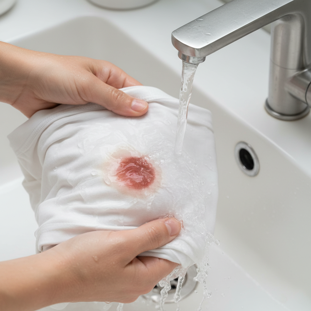 A professional, high-angle close-up photograph of hands holding a white cotton T-shirt under a running faucet. A small, reddish blood stain is visible on the fabric. Clear, cold water is actively flowing onto the stain, causing it to visibly dilute and spread into the water stream, indicating its removal. The water splashes gently around the fabric. The background is slightly blurred, suggesting a clean, domestic sink area. The focus is sharp on the T-shirt, water, and stain.