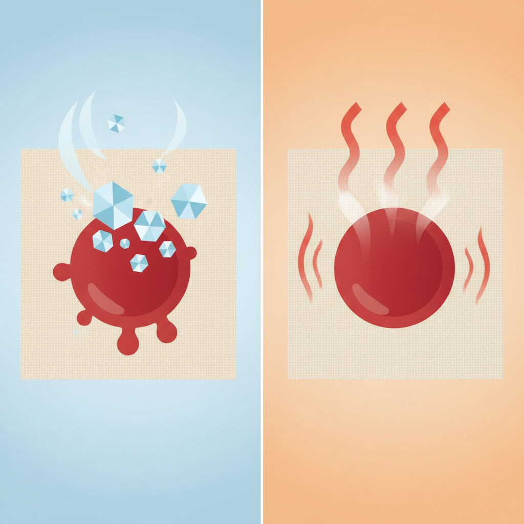 An illustrative, conceptual diagram in a clean, flat illustration style. The image is divided into two distinct halves. On the left, a light-colored fabric swatch with a fresh red blood stain is depicted, with stylized blue, cold water droplets or ice crystals gently falling onto it, symbolizing the stain being lifted and diffused. On the right, an identical fabric swatch with a similar blood stain is shown, with stylized red, hot steam or wavy heat lines rising from it, symbolizing the stain becoming more deeply set and resistant to removal. The contrast between the two scenarios is clear and visually distinct.