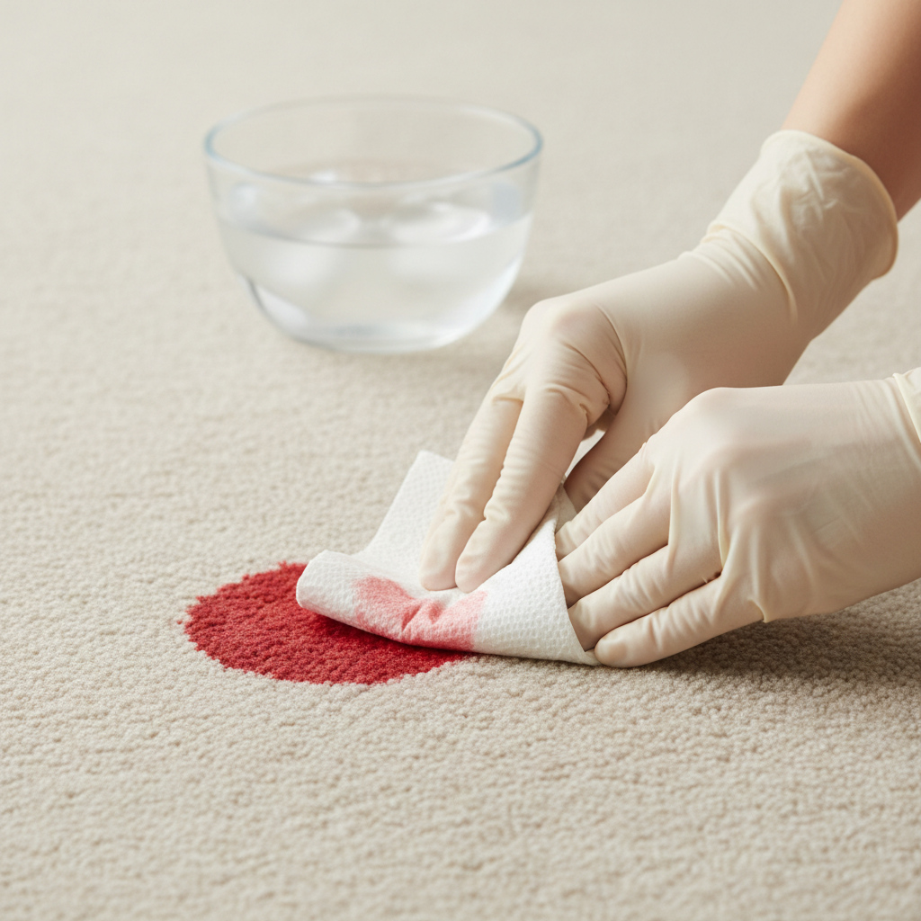 A professional, bright studio photo showing a close-up of a light-colored carpet with a small, fresh red blood stain. A pair of hands, wearing light-colored gloves, is gently dabbing the stain with a crisp white cloth or paper towel, soaking up the liquid. A small, clear glass bowl filled with cold water and ice cubes is visible in the background, subtly emphasizing the 'cold water' instruction. The focus is on the delicate, non-rubbing action of stain removal.