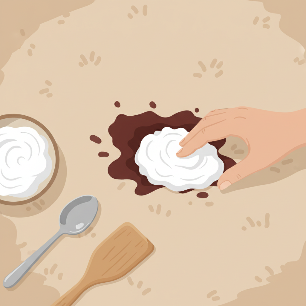 A vibrant flat illustration in a clean, modern style, depicting a section of a beige carpet with a visible, dried blood stain. A human hand is carefully applying a thick, white paste, made from baking soda and water, directly onto the stained area. A small mixing bowl containing the remaining paste and a spoon or spatula for application are subtly positioned next to the stain on the carpet. The overall image conveys a sense of methodical, home-based cleaning.