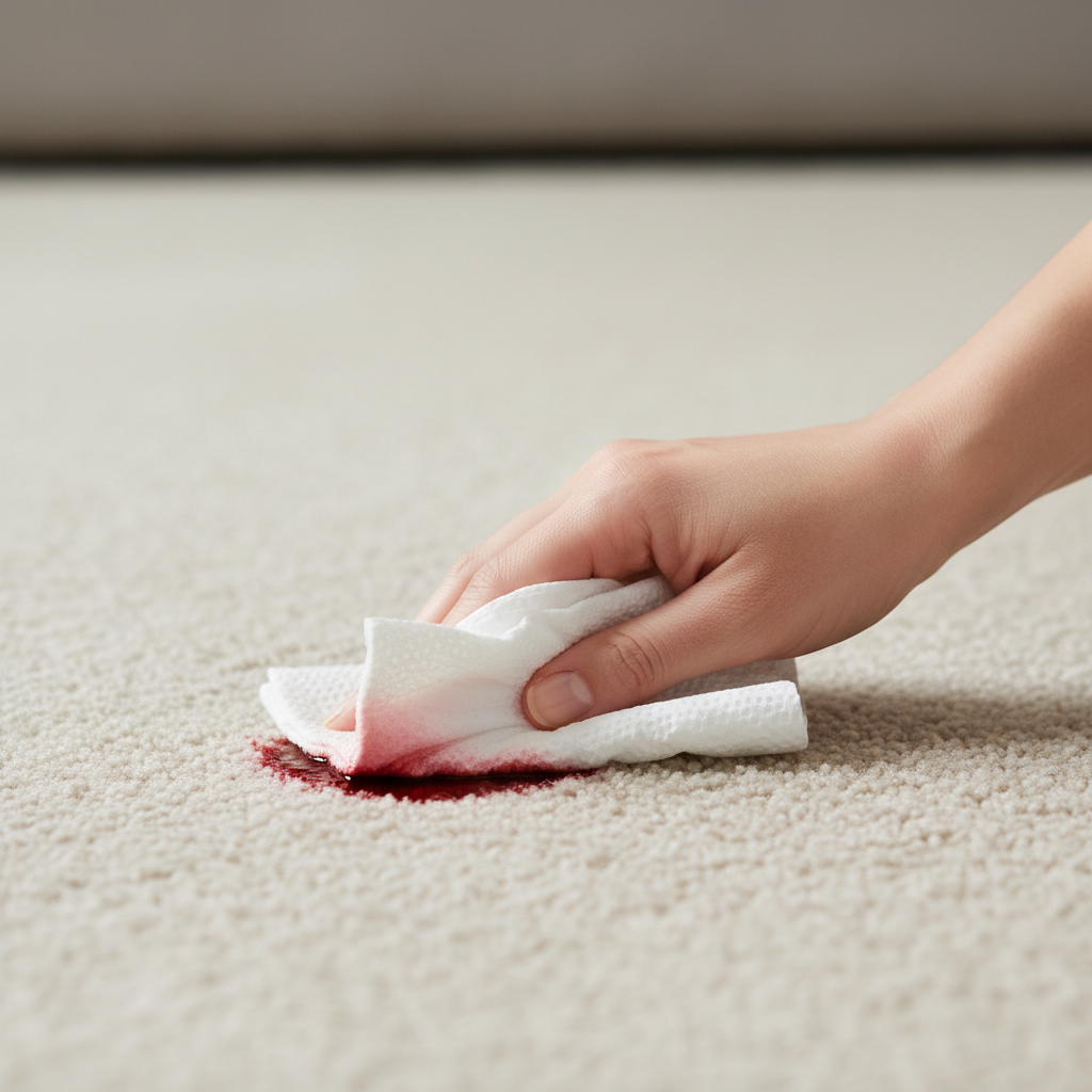 A close-up, slightly elevated professional photo showing a person's hand carefully dabbing a fresh, small bloodstain on a light beige, textured carpet. The hand uses a clean, white absorbent cloth or paper towel, pressing gently from the edges towards the center of the stain. The focus is on the precise, immediate action, with a subtle sense of controlled problem-solving. The background is softly blurred to emphasize the cleaning process.