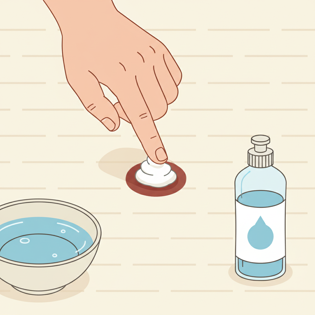 A flat illustration with a clean, minimalist aesthetic depicting a section of a cream-colored carpet with a small, visible bloodstain. A human hand is shown applying a small mound of white, pasty substance (representing salt paste) directly onto the stain. In the periphery, a small bowl of cold water and a bottle of mild dish soap are subtly arranged, suggesting a range of household cleaning remedies. The overall image conveys a methodical, effective home cleaning solution.