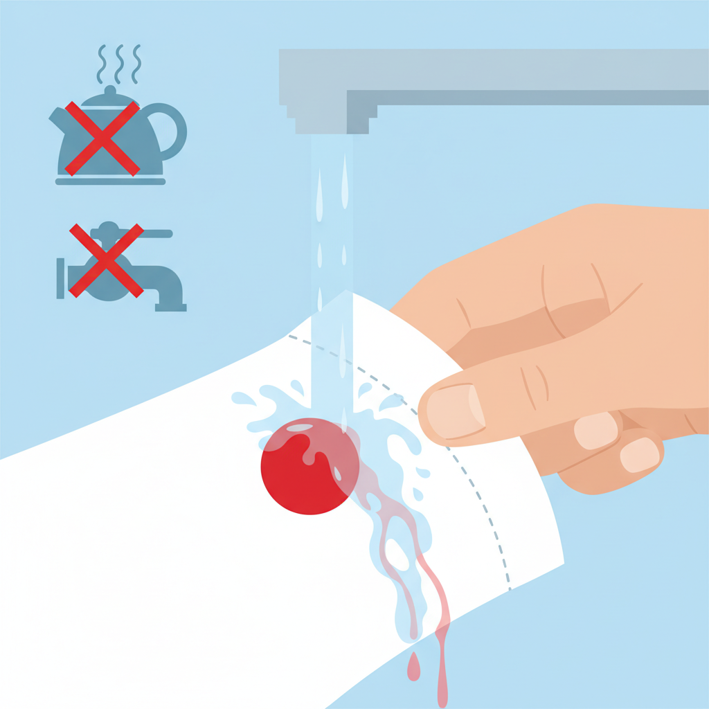 A flat illustration depicting a close-up of a white fabric, possibly a t-shirt cuff or collar, with a small, fresh, vibrant red bloodstain. A hand is gently holding the stained area under a strong, clear stream of cold water flowing from a faucet. The cold water is visibly rinsing the fresh blood away from the fabric fibers, causing it to dilute and run off. In the background, a silhouette or subtle visual cue of a hot water tap or a kettle with steam emanating, but with a clear visual 'NO' or cross mark over it, subtly indicating the avoidance of heat. The overall aesthetic is clean, bright, and emphasizes immediate action with cold water.