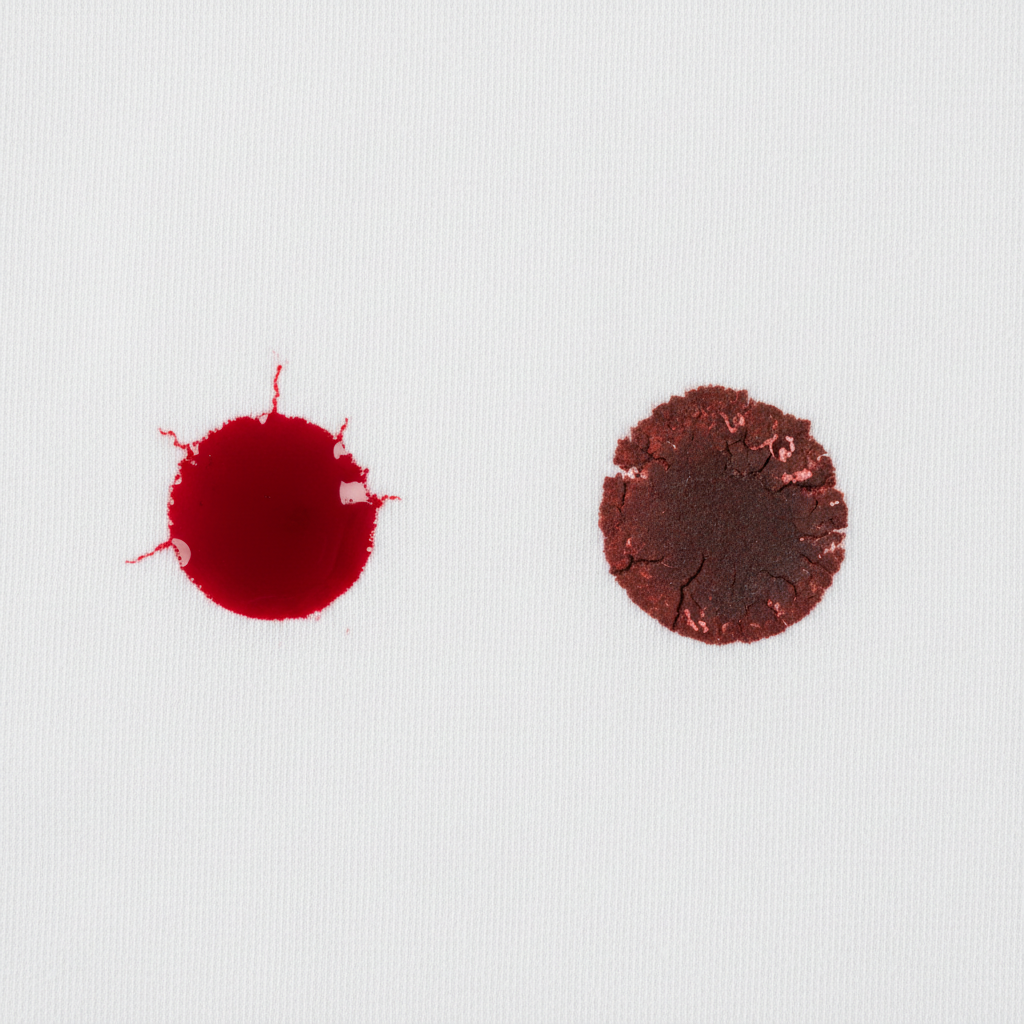 A professional, well-lit photo featuring a pristine white cotton fabric, perhaps a piece of cloth or a section of a garment, clearly showcasing two different types of bloodstains. On one side, there is a small, vibrant red, fresh bloodstain that appears slightly wet and has not yet soaked deeply into the fibers. On the other side, there is a similar-sized, darker, reddish-brown, dried and crusted bloodstain that clearly looks deeply embedded and set into the fabric. The visual contrast emphasizes the difference in challenge between treating fresh versus old bloodstains. The lighting is clean and highlights the texture of the fabric and the varying appearances of the stains.