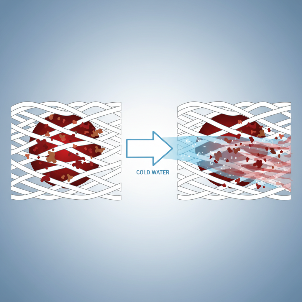 A clean, modern infographic-style illustration depicting a magnified cross-section of white fabric fibers. On one side, a bloodstain is shown embedded within the fibers, with stylized red and brown particles representing proteins and iron tightly bound. An arrow indicates the application of cold water, and on the other side, the water is shown gently lifting and separating these particles from the fibers, illustrating the removal process. The overall aesthetic is scientific and easy to understand.