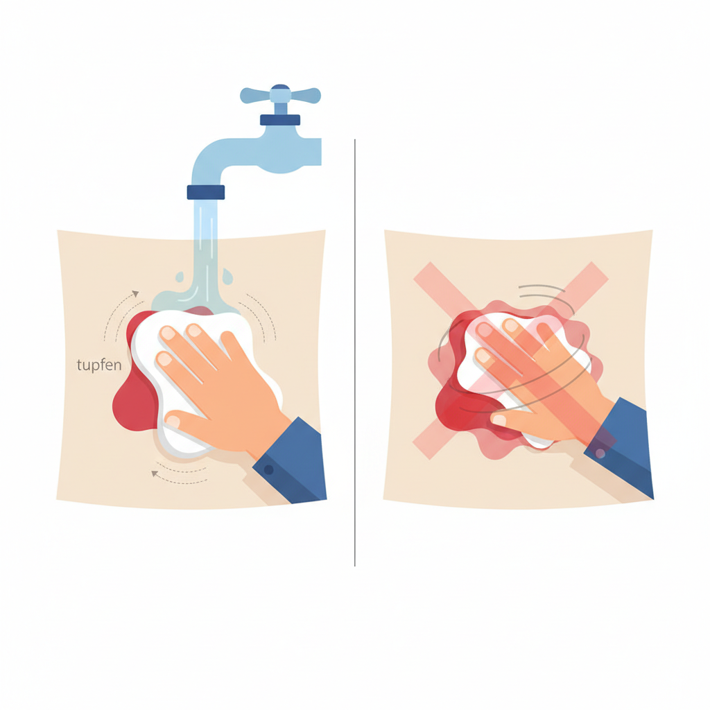 A visually engaging flat illustration depicting the immediate steps for treating a fresh blood stain. On the left, a hand gently dabs a vibrant red blood stain on a light-colored fabric with a clean, damp cloth, emphasizing the 'tupfen' (dabbing) action. A stream of cold water flows from a faucet onto the stained fabric. On the right, a subtle visual cue (like a faint 'X' or blurred motion) indicates a hand rubbing a similar stain vigorously, illustrating the incorrect approach. The composition should clearly contrast correct and incorrect initial actions.