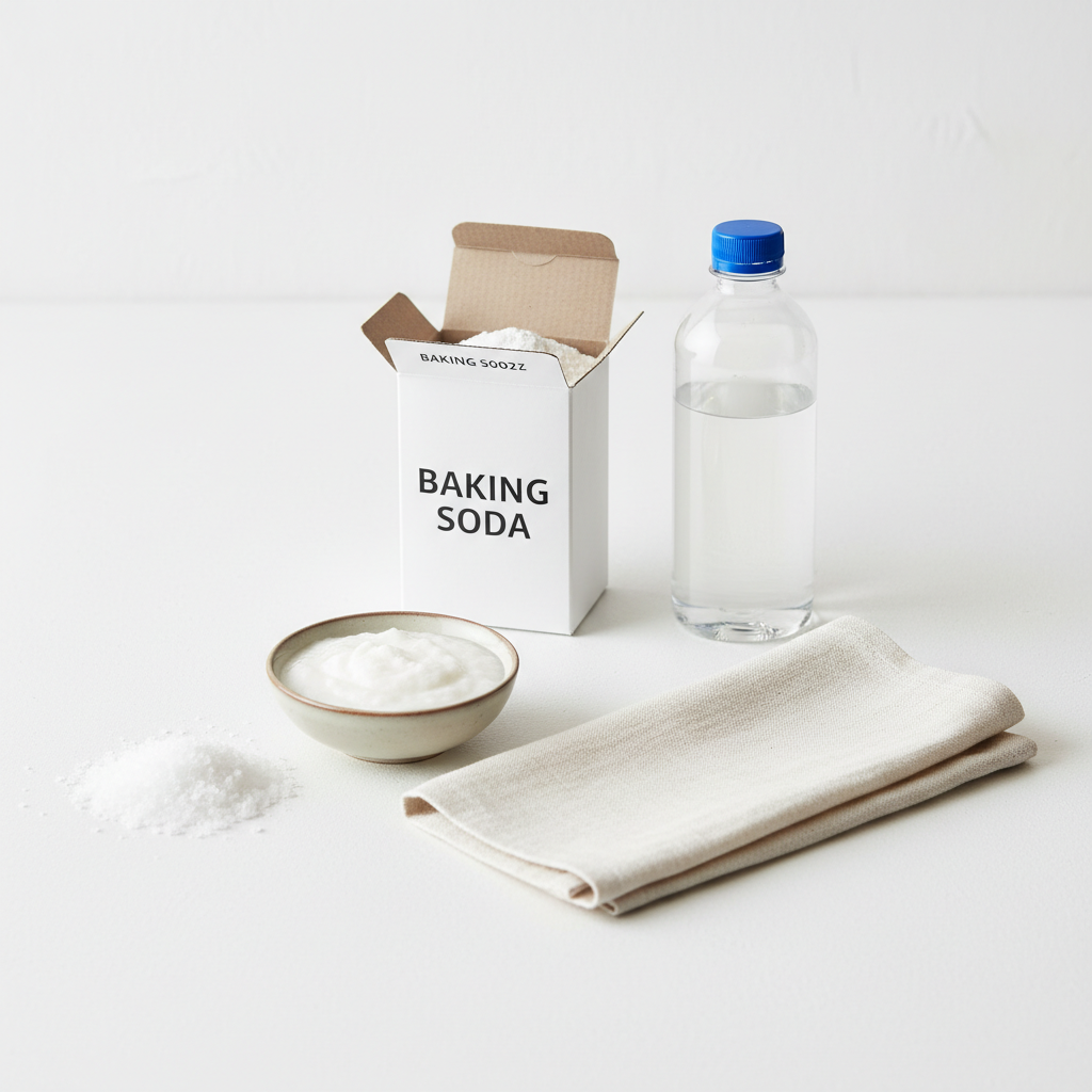 A professional studio photo or hyper-realistic digital painting showcasing a collection of common household items used for blood stain removal, arranged on a clean, minimalist surface. The scene includes a small pile of coarse salt next to a bowl containing a salt-water paste, an open box or bag of baking soda (Natron), and a generic bottle representing hydrogen peroxide. A clean, wrinkle-free piece of light-colored fabric is neatly folded among the items, conveying a sense of renewed freshness. The lighting is bright and clean, highlighting the effectiveness of these simple remedies.