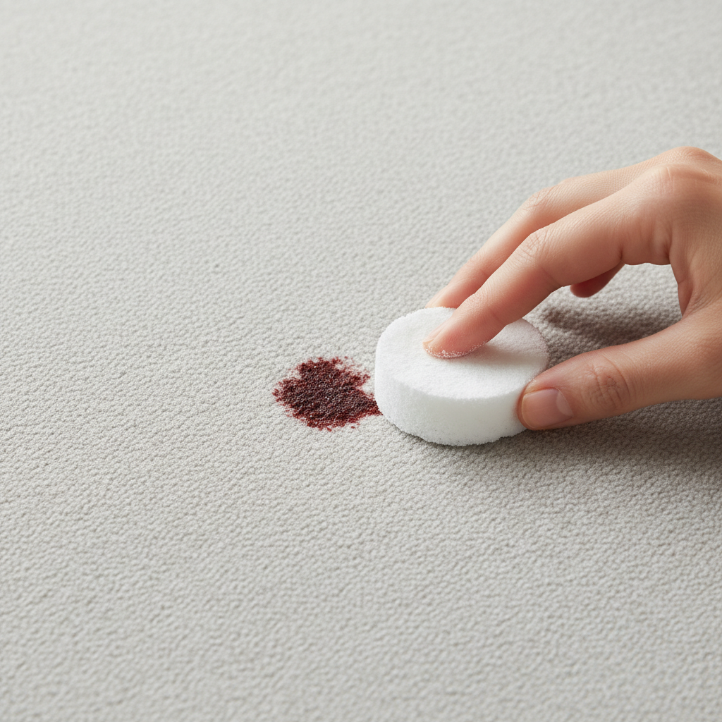 A close-up, high-angle professional photo. On a neutral-colored, slightly textured fabric surface, like a light grey sofa cushion or carpet, a small, dried dark red stain is visible. A hand, with clean fingers, is gently dabbing a white, pasty substance (baking soda mixed with water) directly onto the stain using a small, soft sponge. The focus is sharp on the action of applying the paste to the stain, with the surrounding fabric showing a clean, well-lit texture. The lighting is bright and natural, highlighting the process.