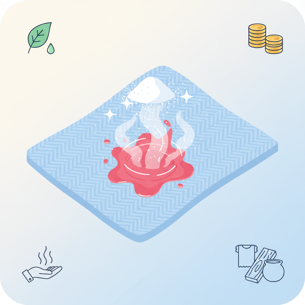 A clean, flat illustration in a light and airy color palette. The central focus is a stylized depiction of a piece of woven fabric, perhaps a beige or light blue textile swatch, with a red stain that appears to be actively dissolving or lifting. Abstract, sparkling particles or a gentle cloud-like effect emanate from the baking soda, visually representing its cleaning action on the stain. Around this central scene, four small, distinct icons are subtly placed: a green leaf for eco-friendliness, a stack of coins for cost-effectiveness, a gentle hand for mildness, and various material symbols (e.g., fabric, wood, ceramic outlines) for versatility.