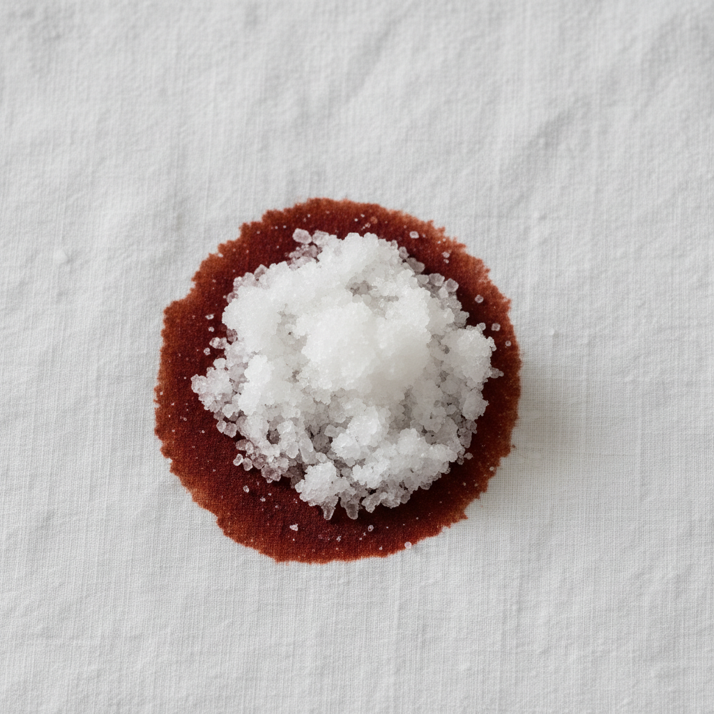 A macro photography style image featuring a white linen bedsheet with a distinct, reddish-brown bloodstain. A small, carefully applied mound of a homemade paste, consisting of coarse white salt crystals mixed with a minimal amount of water, is positioned directly over the center of the stain. The texture of the salt paste is clearly visible, contrasting with the soft fabric. The surrounding linen is clean and in focus, highlighting the practical application of a natural home remedy.