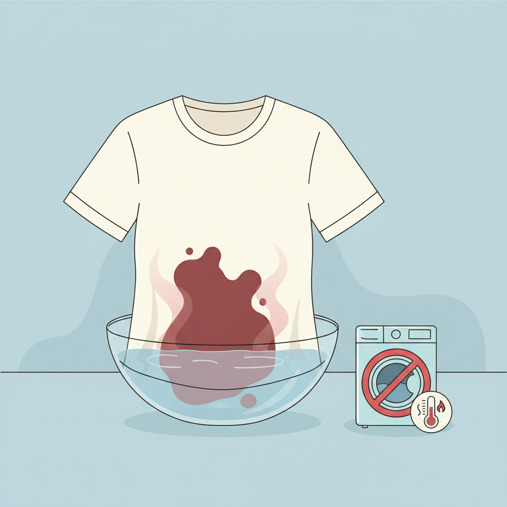 A clear, flat illustration depicting the initial steps of removing a dried blood stain. The main focus is a light-colored garment with a prominent dried blood stain, partially submerged in a bowl filled with cold, clear water, suggesting the soaking process. Beside the bowl, a small icon of a washing machine is visible, but with a red 'X' or a 'no heat' symbol overlaid, visually communicating the avoidance of heat. The style should be clean, modern, with soft colors and clear outlines.