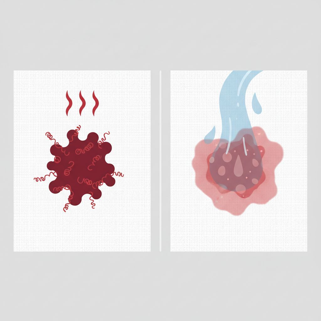 A detailed flat illustration comparing the effects of hot versus cold water on a bloodstain on a white fabric patch. On the left side, a vibrant red bloodstain is shown on fabric, with subtle wavy red lines or an upward arrow indicating heat, causing the blood proteins to visibly bond and tighten into the fabric fibers, symbolizing a permanent fix. On the right side, the same bloodstain on fabric is being gently rinsed by a stream of cold, clear water, represented by blue droplets or a gentle flow. The blood visibly diffuses and lifts from the fabric, illustrating effective removal without setting the stain. The visual contrast should be clear and intuitive, highlighting the importance of cold water.