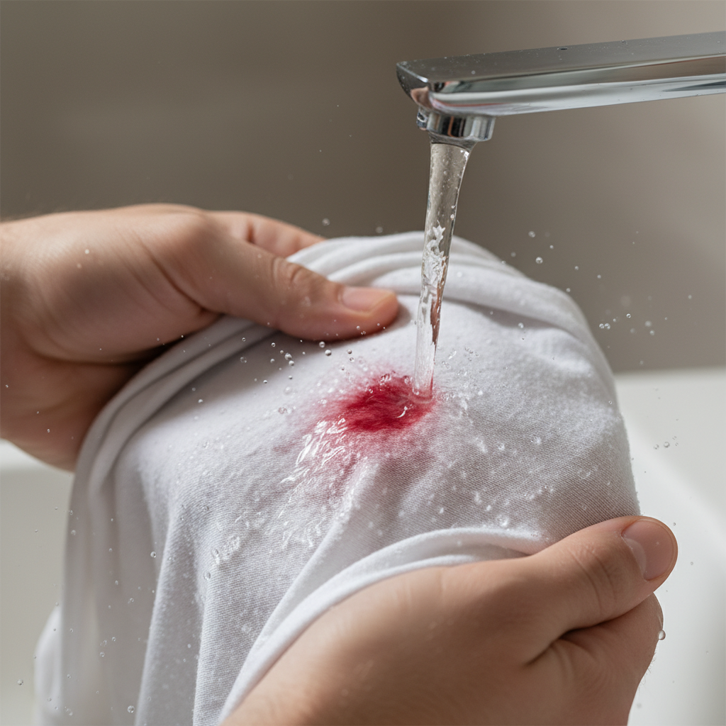 A professional close-up photo or realistic illustration of hands gently rinsing a fresh, small bloodstain from a crumpled white cotton t-shirt under a focused stream of cold water. The water hits the vibrant red stain, which visibly begins to dilute and spread, washing away from the fabric fibers. Water droplets are clearly visible, emphasizing the cold temperature and the action. The fabric texture is prominent, and the background is softly blurred to keep the focus entirely on the hands and the stain treatment, conveying a sense of immediate and effective action.