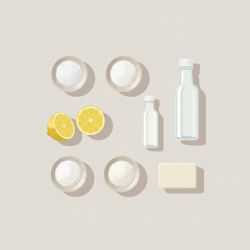 A clean, minimalist flat lay illustration showcasing a collection of common household items known for removing blood stains. The arrangement features small, individual bowls or containers holding salt, baking soda, and cornstarch. Alongside these, include a lemon cut in half, a bottle of white vinegar, a bottle of hydrogen peroxide, and a bar of natural soap. The background is a soft, neutral color, emphasizing the natural, effective remedies.