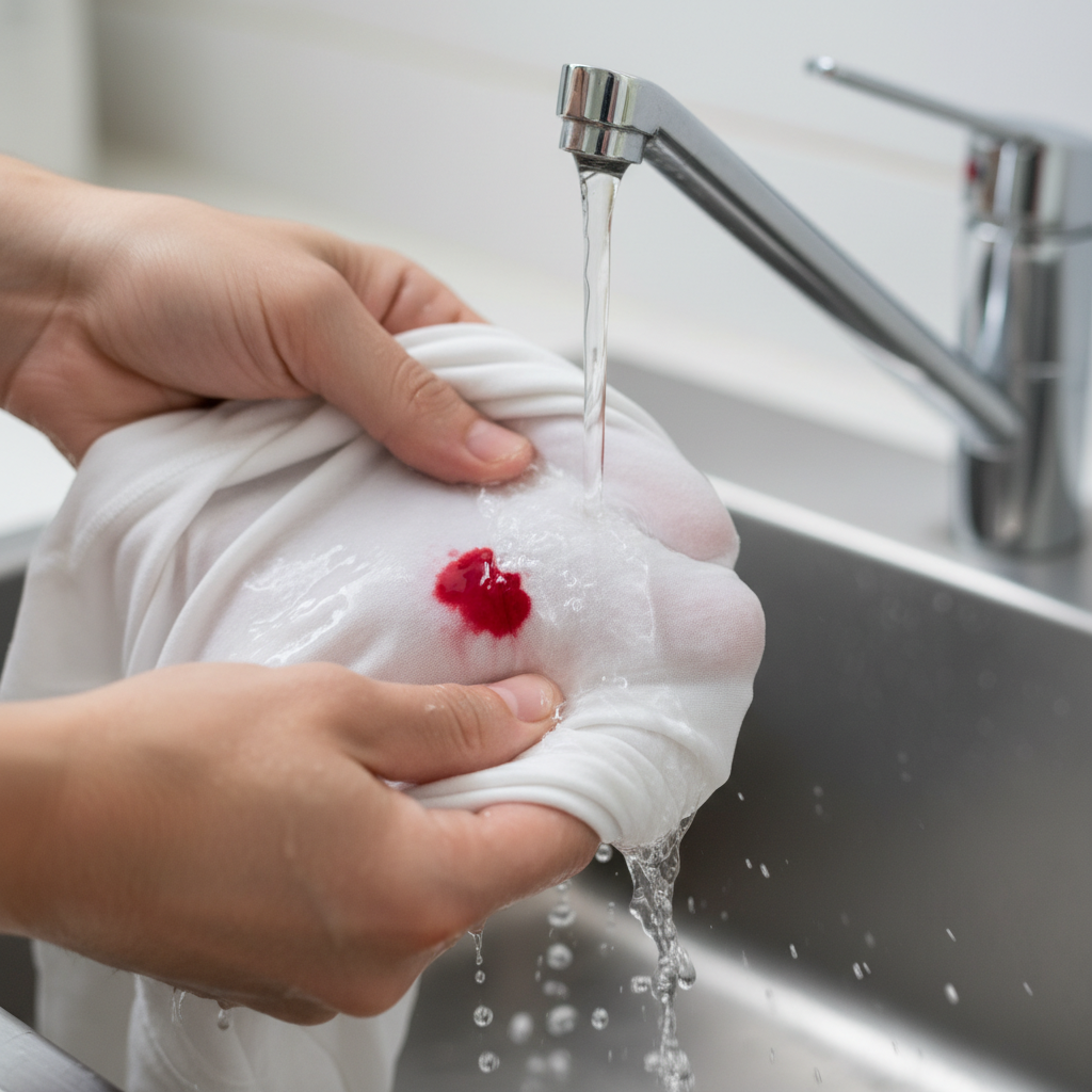 A professional close-up photo illustrating the first step of removing a fresh blood stain. Hands are gently holding a piece of light-colored fabric (e.g., a white t-shirt or towel) with a small, visible red stain under a stream of cold, running tap water. The water is visibly flowing over the stained area, indicating immediate action. The background is softly blurred to keep focus on the hands, fabric, and water.