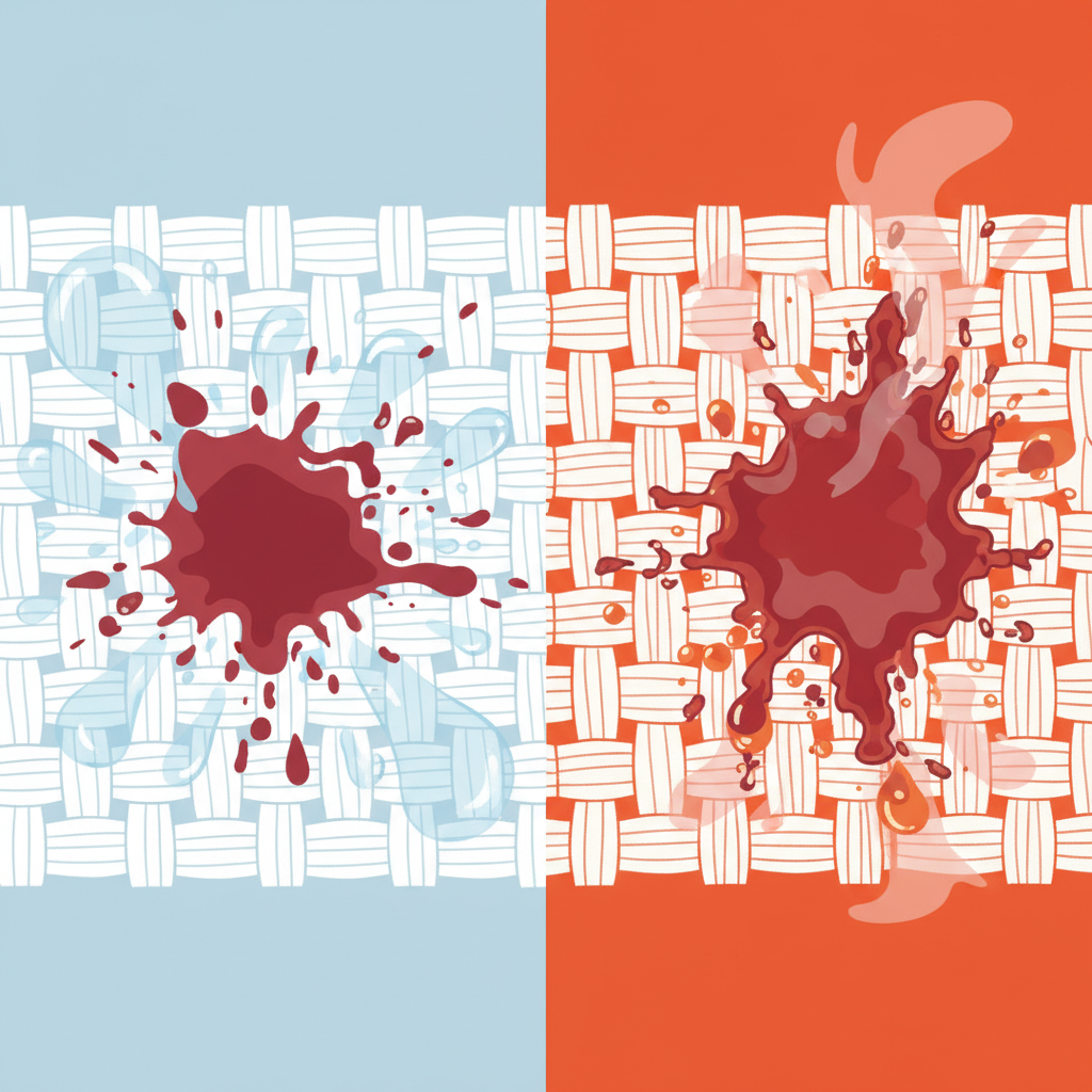 An engaging flat illustration with a slightly scientific, diagrammatic aesthetic, clearly depicting a 'before and after' or 'cold vs. hot' scenario. The image is horizontally split into two sections. The left section shows a magnified view of fabric fibers with a blood stain, while cold water droplets are interacting with the blood, appearing to gently lift and wash it away. The right section shows a similar magnified view, but with hot water vapor or droplets, causing the blood proteins to visibly coagulate and bind firmly deeper into the fabric fibers, creating a more permanent, fixed stain. Use distinct color palettes for cold (cool tones) and hot (warm tones) water effects.