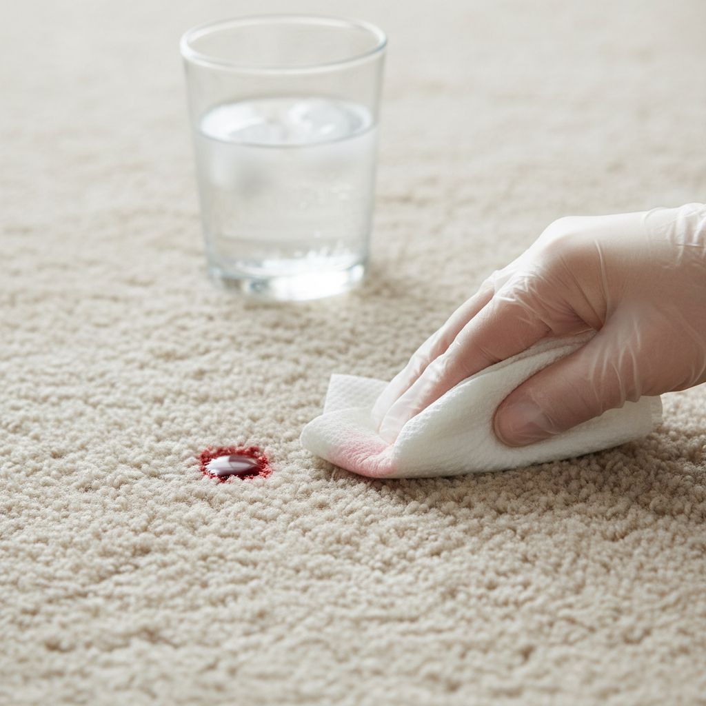 A close-up, professional photo of a light-colored, plush carpet with a fresh, small bloodstain. A gender-neutral hand, wearing a subtle glove or bare, is gently dabbing the stain with a clean, white, highly absorbent paper towel or cloth. The focus is on the dabbing motion, not rubbing, with slight compression visible on the carpet fibers. A clear glass of cold water is subtly blurred in the background, hinting at the key cleaning ingredient. The lighting is bright and natural, highlighting the contrast between the red stain and the clean white towel.