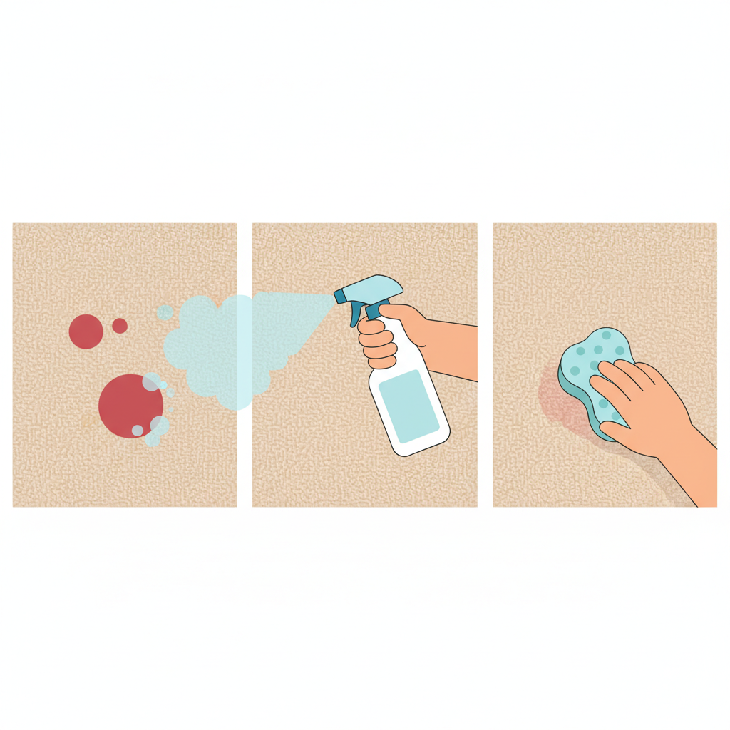 A clean, minimalist flat illustration depicting a three-stage sequence for bloodstain removal. The first panel shows a small, round bloodstain on a generic beige carpet texture. The second panel illustrates a hand holding a generic, unbranded spray bottle, emitting a fine mist of cleaning solution onto the stained area. The third panel shows the same carpet area, now significantly cleaner, with a clean, slightly damp sponge or cloth gently blotting the remaining residue. Use a bright, inviting color palette with clear visual separation for each stage.