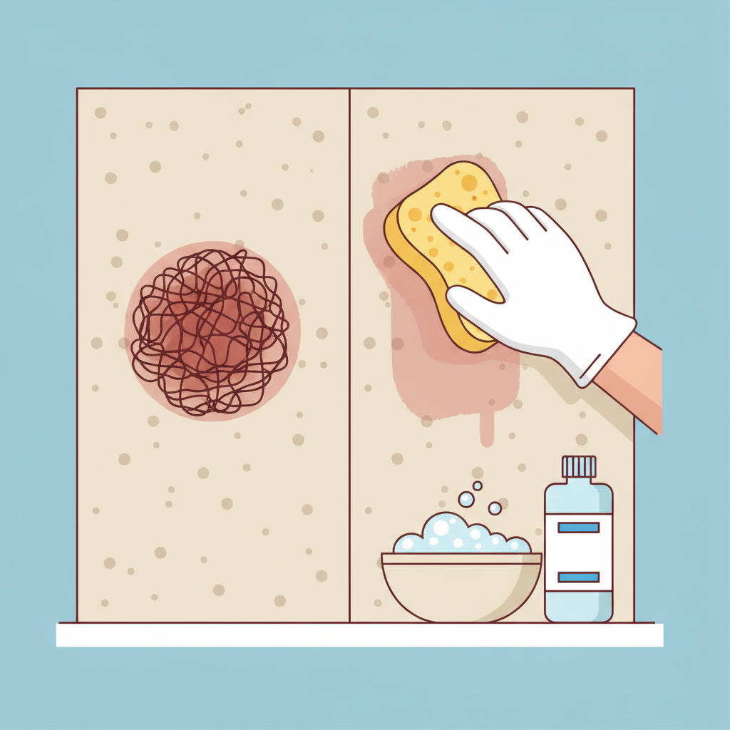 A detailed flat illustration in an infographic style, depicting the challenge of dried bloodstains and their removal. The image is conceptually divided. On one side, a close-up, abstract representation of dried blood proteins (reddish-brown, intricate web-like structure) deeply integrated into the porous texture of a wall surface. On the other side, key cleaning agents are shown: a simple bowl containing a clear foamy solution (representing soap) and a generic, unbranded bottle conceptually representing hydrogen peroxide. A clean hand, possibly gloved, uses a sponge to gently wipe a partially removed, faded bloodstain on the wall, demonstrating the effective cleaning process.