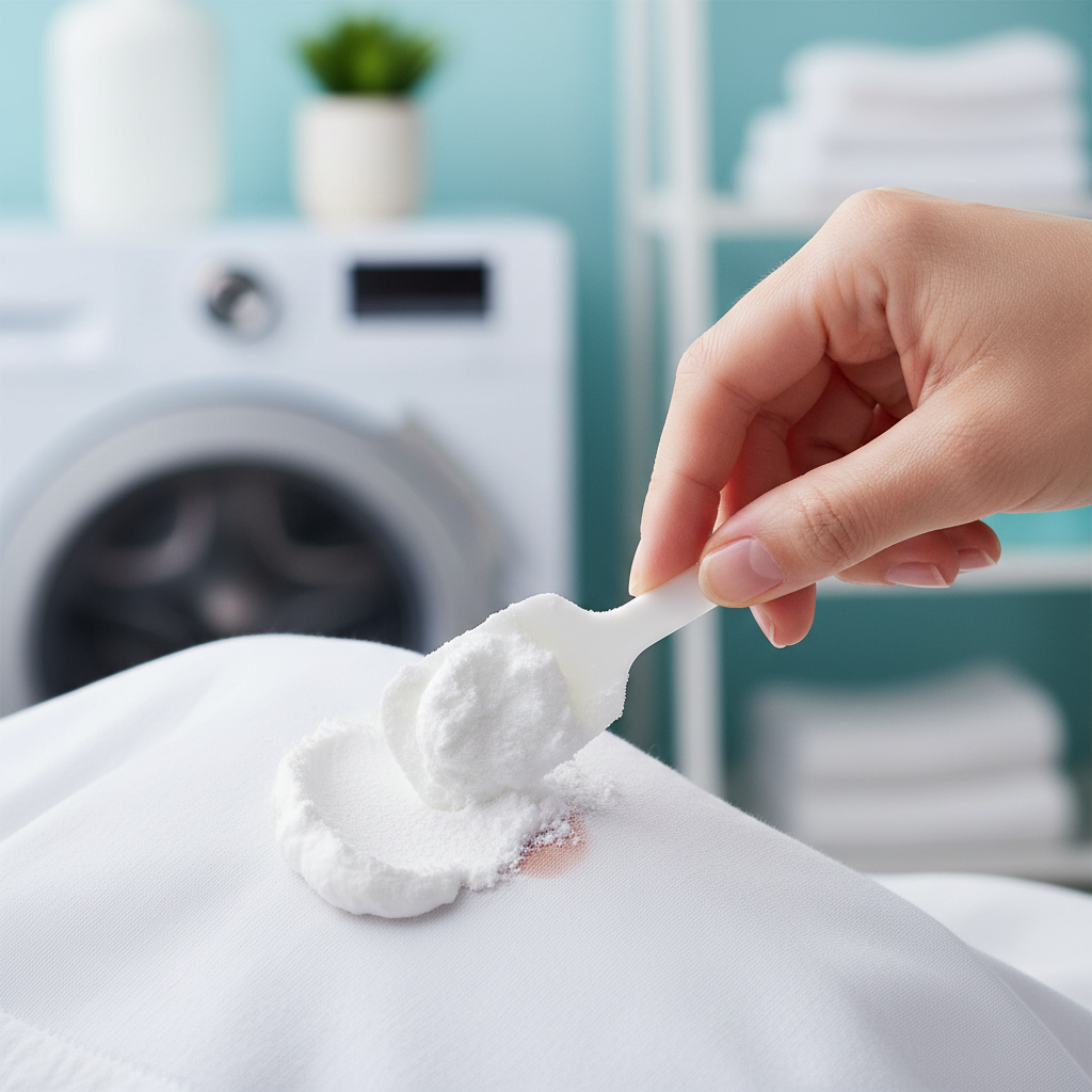 A bright, professional close-up photo of a hand carefully applying a thick, white baking soda paste onto a small, reddish-brown blood stain on a crisp white fabric surface, possibly a shirt collar or sleeve. The surrounding fabric is clean. The background is softly blurred, hinting at a domestic laundry setting. The focus is on the action of application and the contrast between the stain, the paste, and the clean fabric, conveying a sense of effective cleaning in progress.