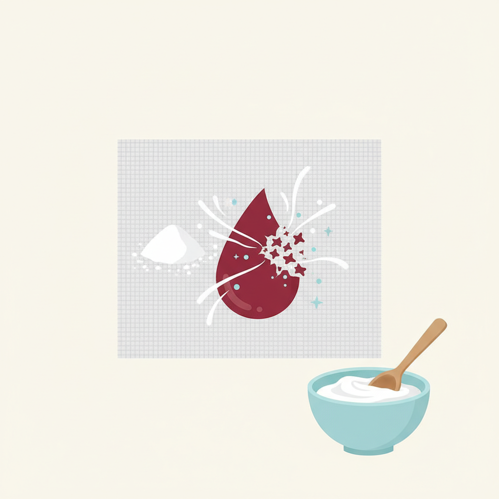 A clean, minimalist flat illustration depicting the concept of baking soda's stain-removing power. On a light background, a stylized fresh red blood drop sits on a fabric texture. A small, neat pile of white baking soda powder is positioned near the stain, with subtle visual cues like small, abstract 'sparkle' or 'dissolving' elements emanating from the powder towards the stain, illustrating its breaking-down effect. A small bowl containing a white paste and a mixing spoon could be subtly placed in the corner, representing the preparation. The overall composition is simple and informative.