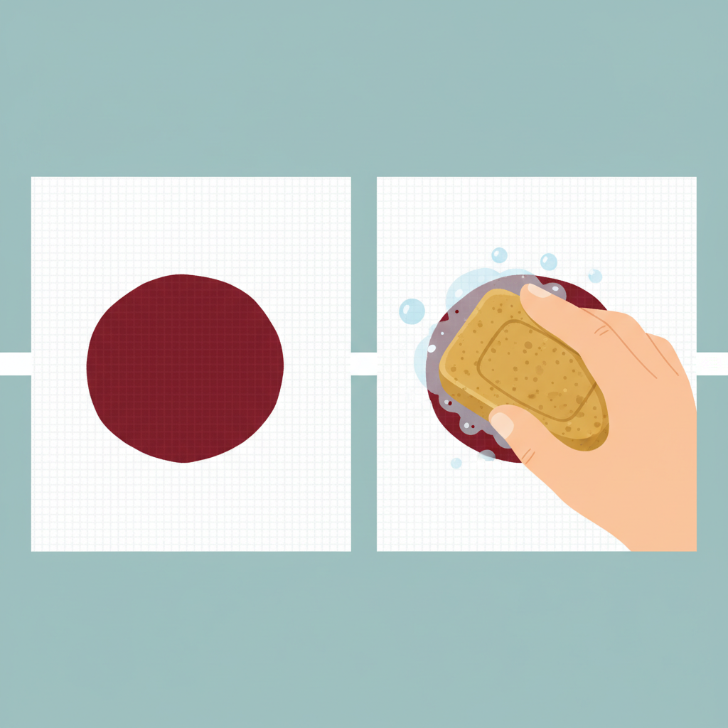 A vibrant, clean flat illustration showing the practical application of gall soap on a bloodstain. On the left, a close-up of a white cotton fabric with a fresh, dark red bloodstain. On the right, a hand gently rubbing a bar of yellow-brown gall soap directly onto the stained area. Water droplets are visible, suggesting the pre-wetting process. The background is simple and uncluttered, highlighting the action. The overall feeling is one of effectiveness and ease.