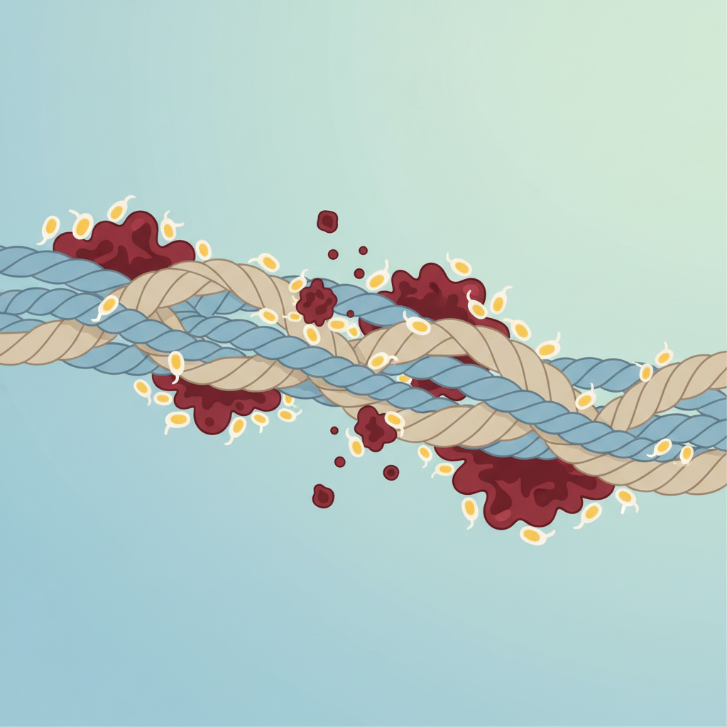 An abstract, infographic-style illustration visualizing the microscopic action of gall soap on a bloodstain. The scene depicts magnified fabric fibers (interwoven strands) with dark red, irregularly shaped 'blood protein' clusters clinging to them. Smaller, distinct 'gall soap molecule' icons (e.g., simple geometric shapes like circles or ovals with a tail) are shown actively surrounding and breaking apart these protein clusters, detaching them from the fibers. The overall visual communicates the enzymatic breakdown and emulsifying effect.