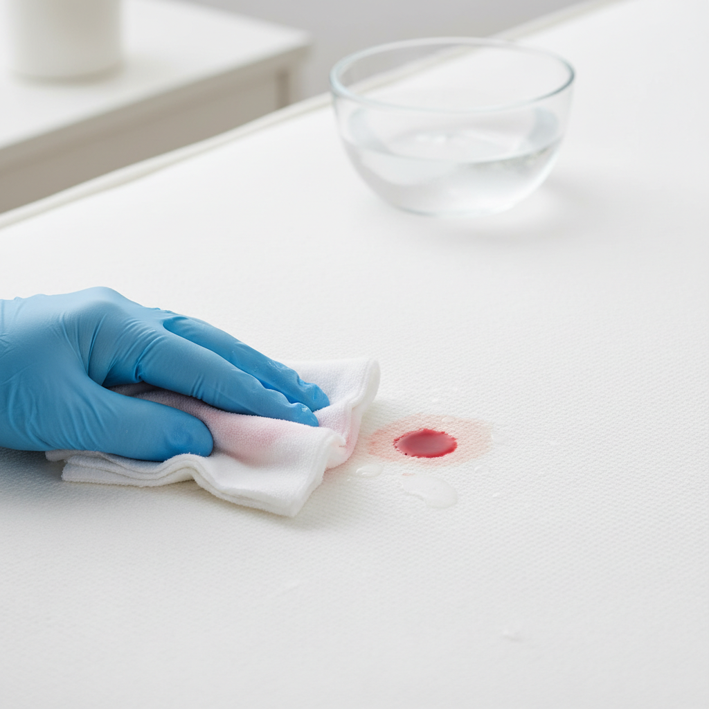 A close-up, well-lit professional photo showing a human hand, possibly gloved, gently dabbing a fresh, small bloodstain on a clean white mattress with a damp, white cloth. A small bowl of clear cold water is subtly visible in the background, implying its use. The focus is on the careful, immediate action of blotting without rubbing. The mattress fabric should appear soft and absorbent, highlighting the ease of applying the first aid. The overall mood is one of gentle, effective problem-solving.