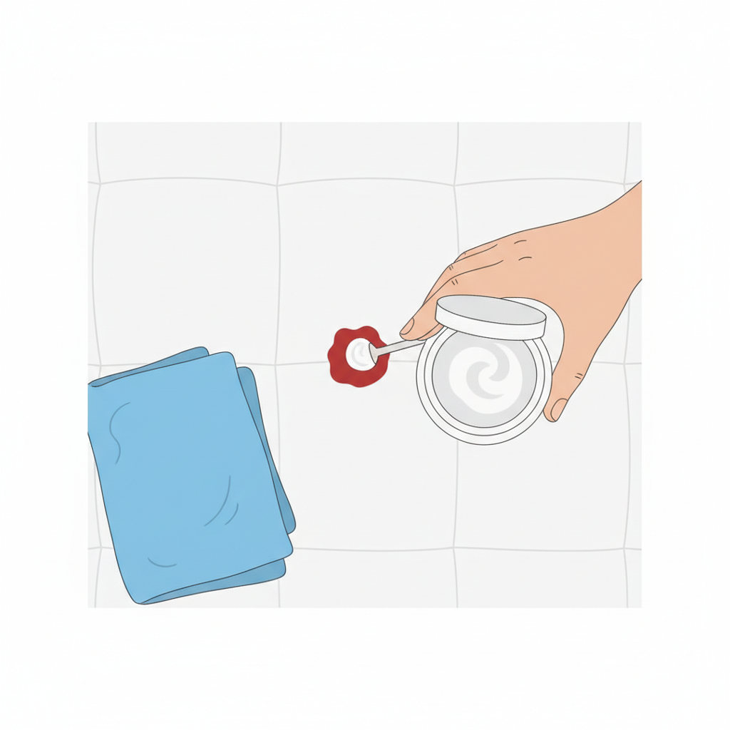 A top-down flat illustration in a clean, modern style. The scene depicts a segment of a mattress surface with a distinct but small red bloodstain. Adjacent to the stain, a stylized hand holds a small container of a white, creamy paste (representing a salt-water mixture), ready to be applied. A clean, folded microfibre cloth is placed nearby. The overall aesthetic is minimalist, focusing on the simple, effective home remedy preparation and application.