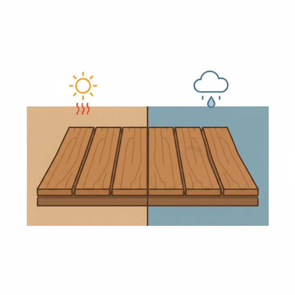An infographic-style diagram illustrating the effect of humidity on wood. The image shows two side-by-side or split views of a wooden floor section. One side depicts 'dry conditions' with a sun or heater icon, showing slightly shrunken wooden planks with tiny visible gaps between them. The other side depicts 'humid conditions' with a cloud or water drop icon, showing the planks slightly expanded and pressing tightly against each other, perhaps with a subtle buckle. Clean lines and clear visual distinction.