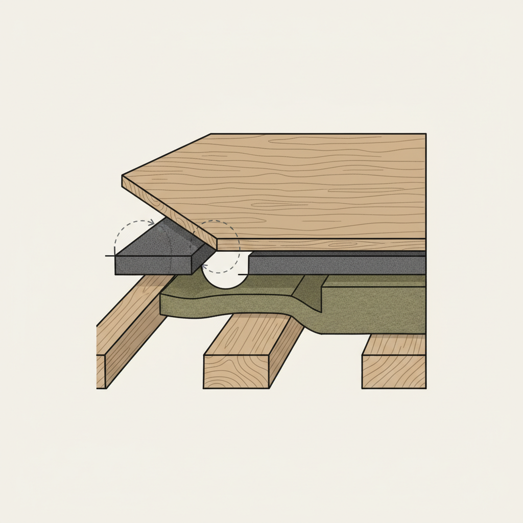 A detailed cross-section diagram of a wooden floor showing a loose floorboard. The top layer is a wooden plank (e.g., parquet or laminate), clearly detached or slightly lifted from the underlying subfloor or support layer. A visible small gap exists between the bottom of the floorboard and the surface it rests upon. Subtle, tiny friction marks or a gentle 'gap' indicator highlight the area where movement and rubbing would occur, leading to a creak. Professional, clean technical illustration style.