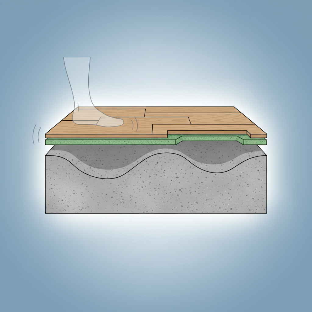 A cutaway technical illustration revealing the layers of a floor with an uneven subfloor. The top layer of wooden planks or laminate is shown above an irregular subfloor (e.g., concrete slab or joists). The subfloor has a noticeable dip or hump, causing the flooring layer above it to be unsupported in certain areas. This lack of support creates a void, visually implying where the floor would flex downwards when stepped on, leading to a creaking noise. Clear layering and depth are key.
