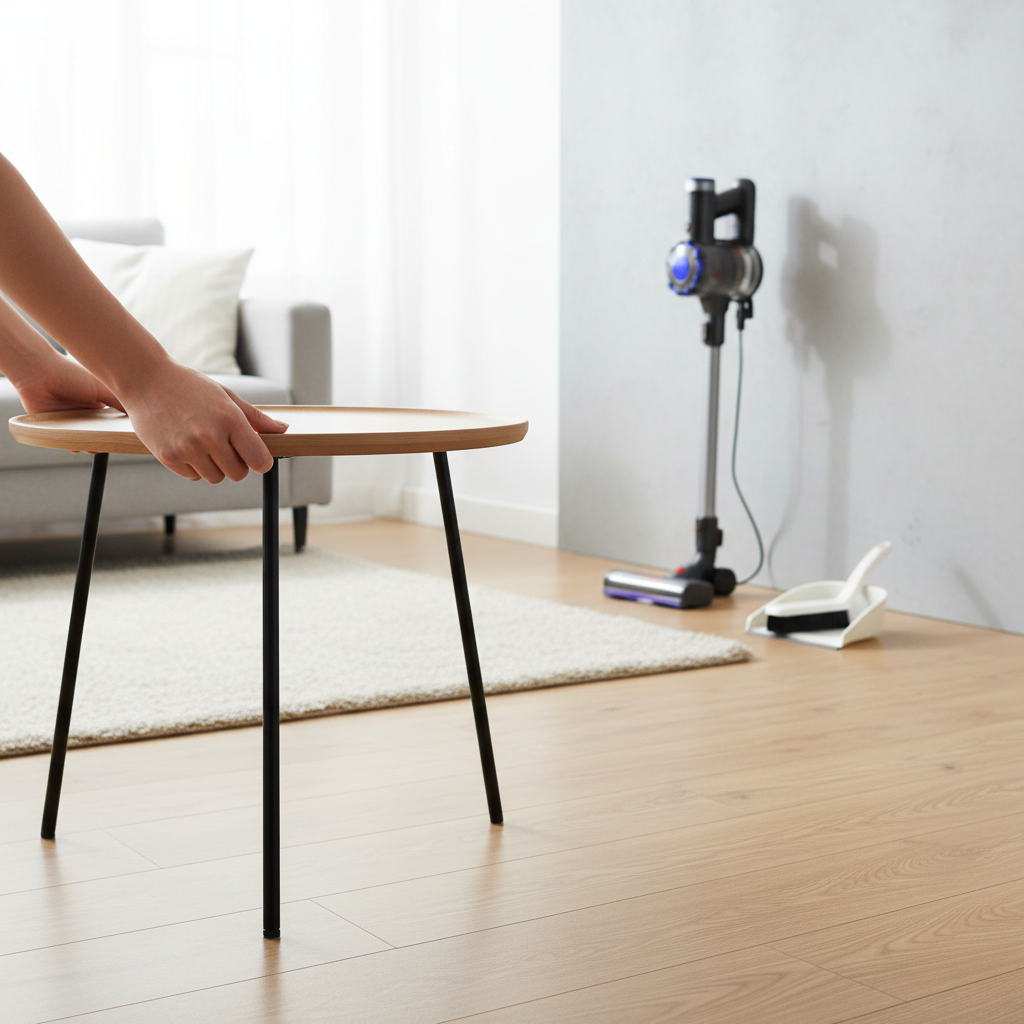 A professional photo showing a pair of hands gently moving a small, modern accent chair or coffee table on a light-colored wooden or tiled floor in a well-lit living room. In the background, a sleek, upright stick vacuum cleaner is positioned, ready for use, alongside a neat dustpan and brush set. The scene captures the calm and organized preparation phase of floor cleaning, highlighting the importance of clearing the area before starting. The lighting is soft and natural, emphasizing a clean and practical home environment, focusing on the action of preparing the space.