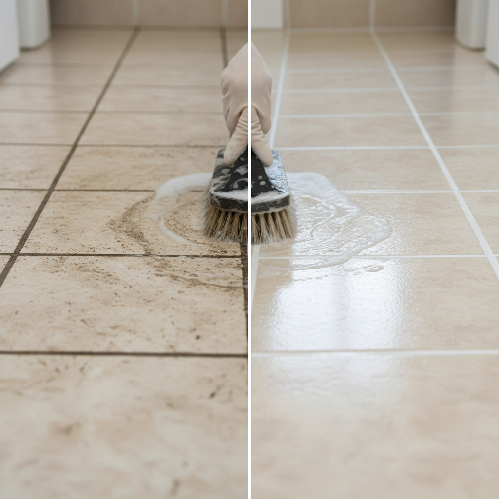 A close-up, split-screen style image showcasing floor tiles. On the left side, grout lines are visibly dark, stained with grime, and dull, creating an unkempt appearance against light-colored tiles. On the right side, the identical grout lines appear pristine, bright, and impeccably clean, sparkling and making the tiles look refreshed and new. A blurred, gloved hand holding a scrubbing brush is positioned at the center, suggesting the transformation. This professional photo emphasizes the stark visual difference before and after effective cleaning.