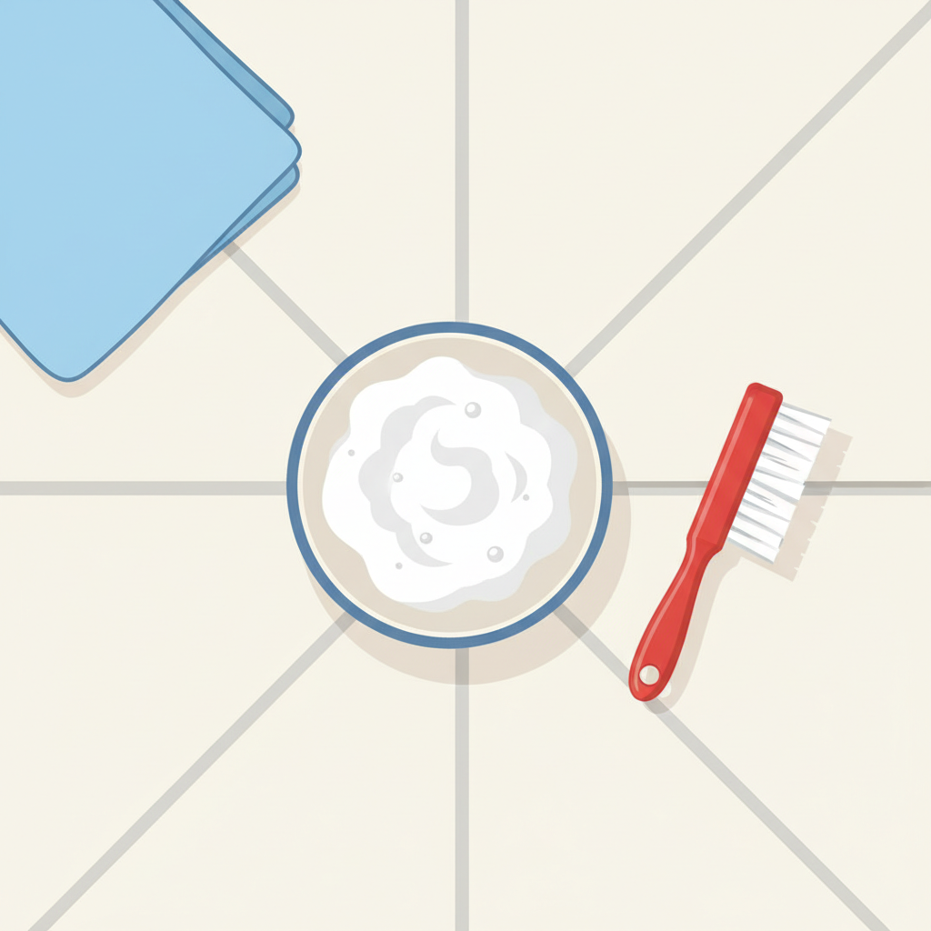 An overhead flat illustration depicting the preparation for cleaning floor grout. In the center, a small ceramic bowl holds a thick, white, creamy paste, representing the baking soda and water mixture. Adjacent to the bowl, a small, red-handled scrubbing brush with stiff bristles is placed on a light-colored tile, positioned next to a clean grout line. A folded, light blue microfiber cloth is visible in the background, completing the scene of practical, household cleaning. The style should be clean, clear, and inviting, emphasizing simplicity.