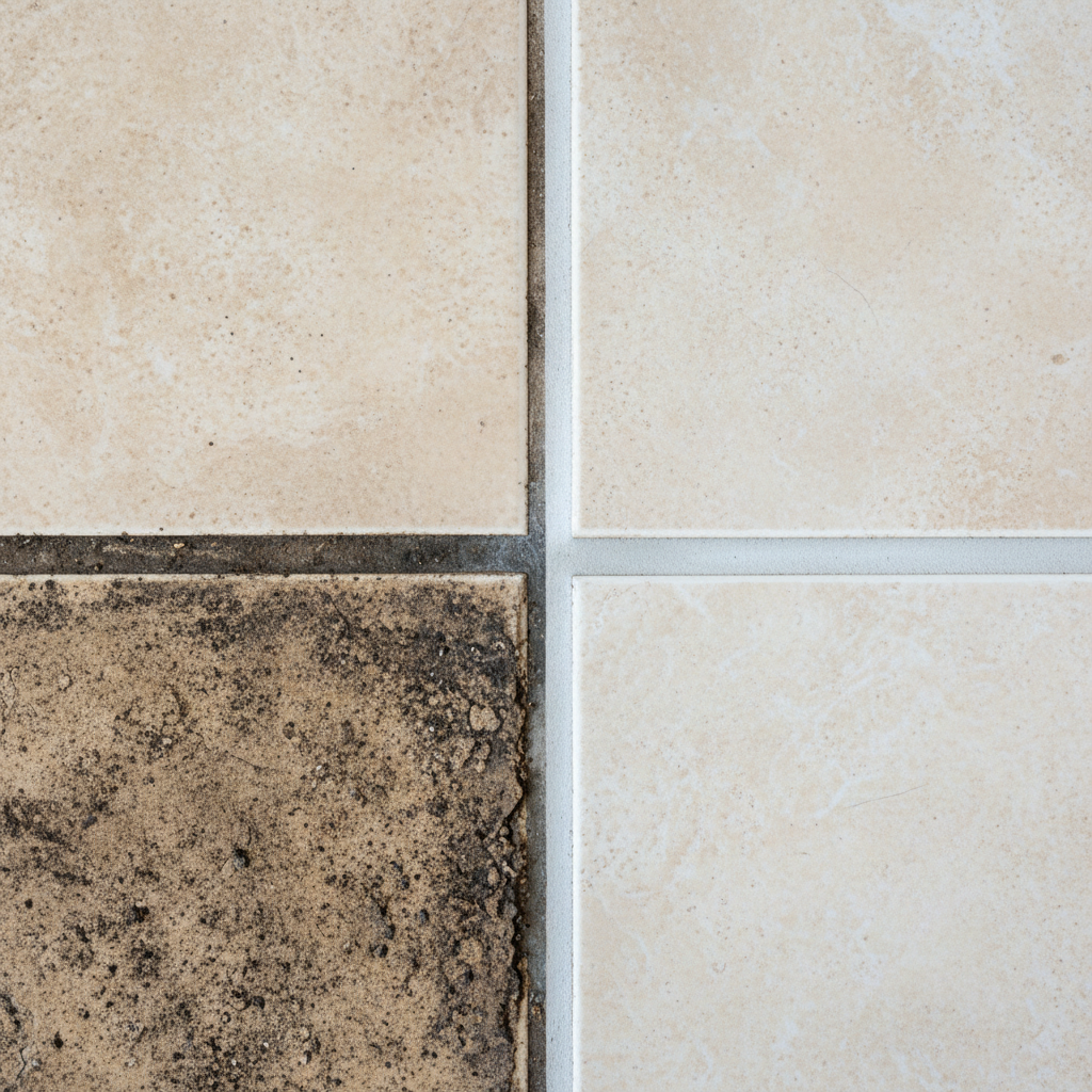 A close-up, high-definition, realistic photograph showcasing a stark 'before and after' comparison of cement grout between floor tiles. The left side depicts heavily stained, dark, and grimy grout lines against light-toned tiles, indicating accumulated dirt. The right side seamlessly transitions to reveal sparkling clean, bright, and impeccably maintained grout, restoring the tiles to their original pristine condition. The image should emphasize the dramatic visual improvement and texture of both the clean and dirty grout.