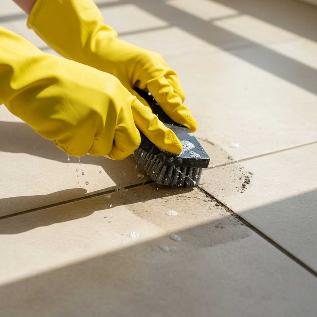 A detailed, brightly lit action photograph capturing a pair of hands, protected by yellow rubber gloves, meticulously scrubbing a dirty cement grout line between beige floor tiles. A small, stiff-bristled brush is actively working on the grout, with subtle hints of water or cleaning foam visible. The surrounding tiled area appears clean, highlighting the specific focus on the challenging grout cleaning task. The image conveys dedication and effective effort in home maintenance.