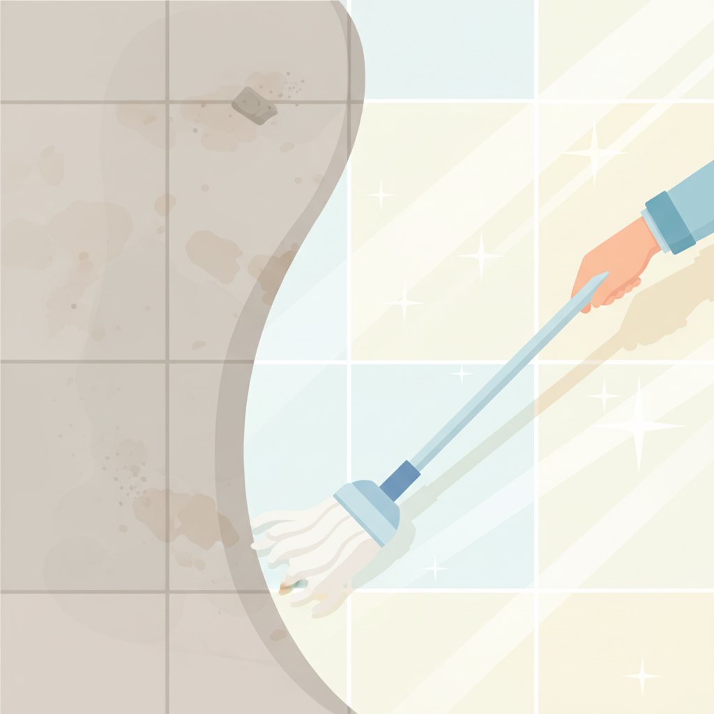 A vibrant, modern flat illustration depicting a floor cleaning transformation. The image is conceptually split, with one side showing dull, slightly stained, and dusty floor tiles, perhaps with a subtle shadow suggesting neglect. The other side, separated by a clean, dynamic line, showcases the same floor tiles gleaming brightly, reflecting ambient light beautifully, indicating pristine cleanliness. A stylized hand holding a gentle cleaning tool like a mop or a microfiber cloth is subtly positioned near the dividing line, suggesting the act of cleaning leading to the sparkling result. The overall impression is one of enhanced aesthetics and improved hygiene.