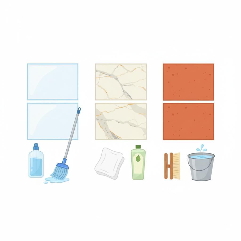 A sophisticated, infographic-style flat illustration showcasing three distinct types of floor tiles arranged horizontally or vertically. The first section depicts smooth, glossy ceramic tiles with a generic bottle of mild all-purpose cleaner (without any text or branding) and a soft, damp mop nearby. The middle section features elegant, veined natural stone tiles (like marble) with a delicate microfiber cloth and a bottle symbolically representing a pH-neutral cleaner. The third section shows textured, warm terracotta tiles with a gentle scrubbing brush and a bucket of clear water. The composition clearly differentiates the cleaning approaches for each tile type.
