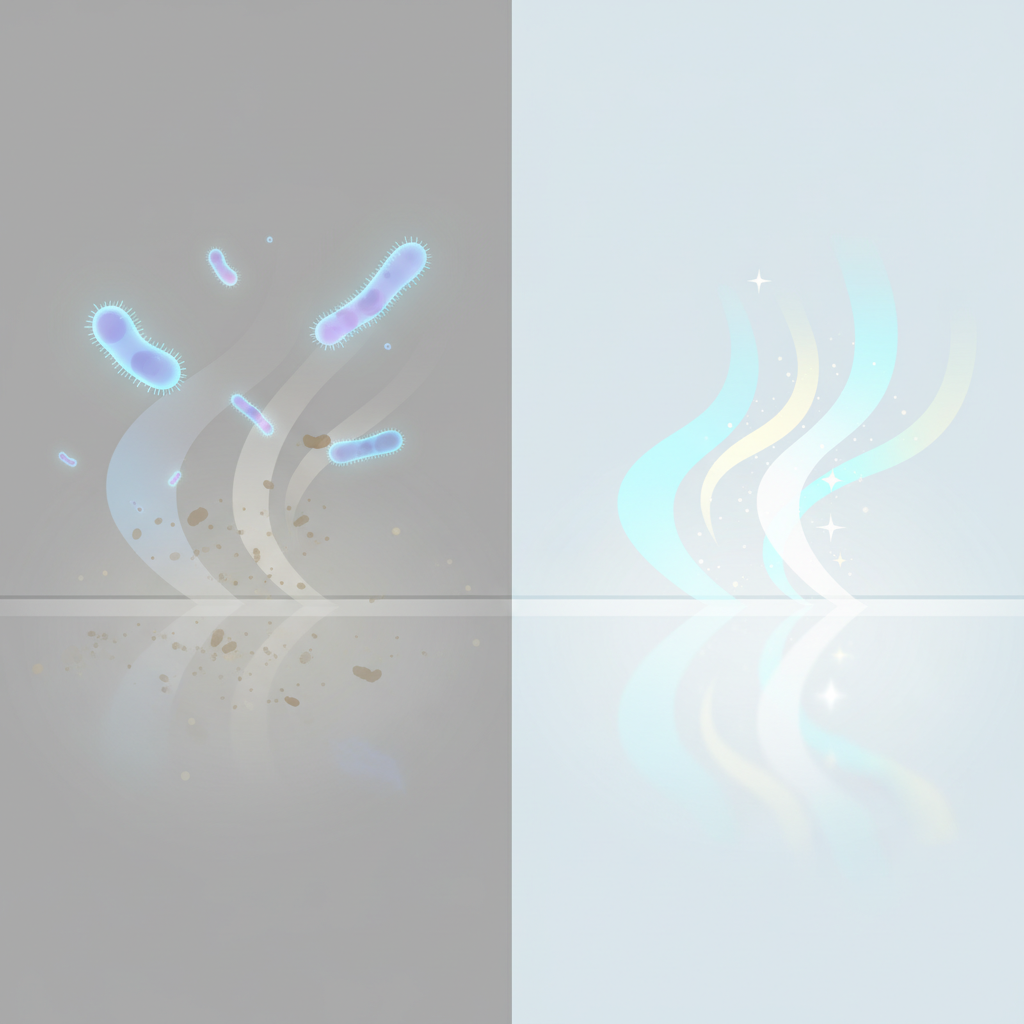 A modern flat illustration depicting a visual transition or split screen. One side shows a slightly dusty, dull floor with subtle, translucent symbolic representations of dust mites and bacteria floating above and embedded within its surface. The other side shows the same floor gleaming brightly, reflecting light, with a visible 'fresh air' effect – perhaps subtle upward-flowing clean air currents. The overall impression should contrast unhealthy with healthy, clean indoor air.