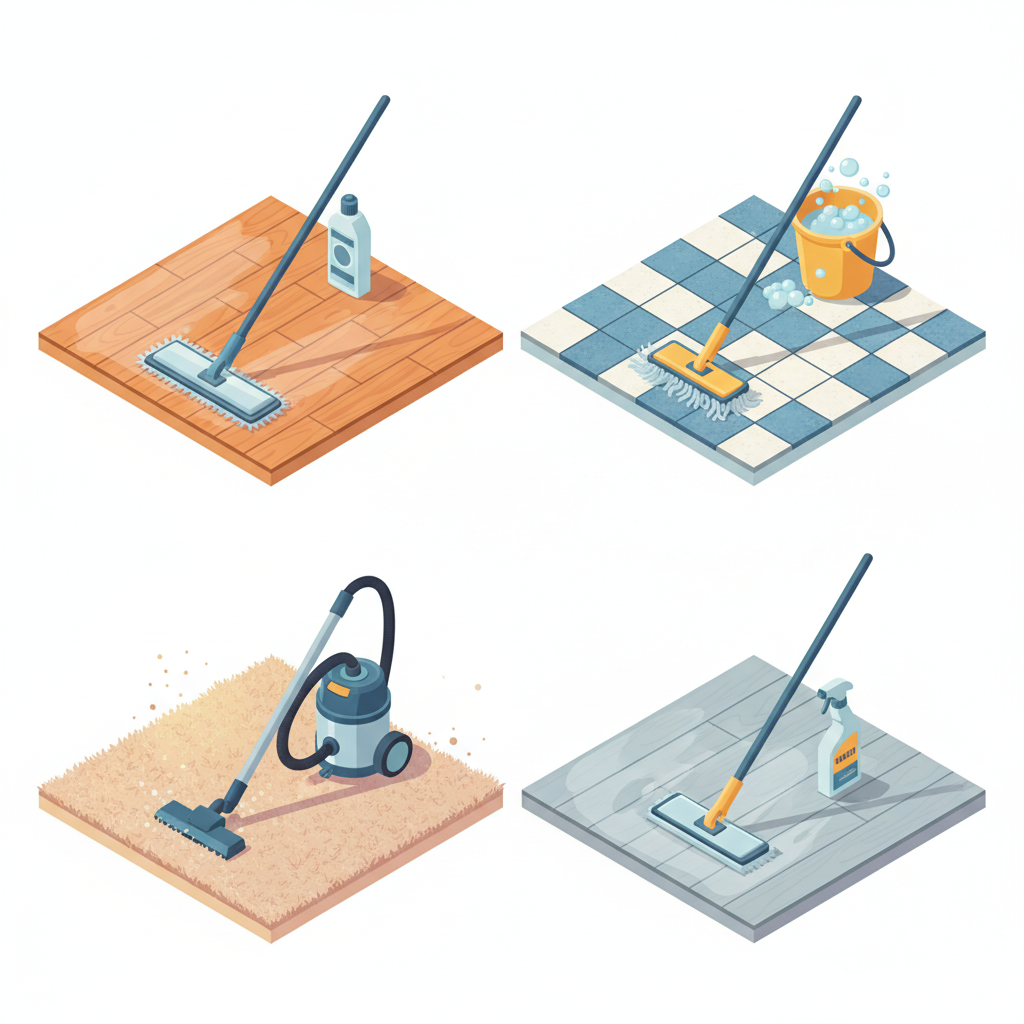 An energetic isometric illustration showcasing a collection of common floor types, each being actively cleaned by its appropriate tool. Envision a quadrant arrangement featuring a glossy hardwood floor being wiped with a specialized wood cleaner, ceramic tiles being mopped, a plush carpet being vacuumed by a modern cleaner, and sleek vinyl flooring being wiped clean. The scene should convey efficiency and the diversity of cleaning methods for different materials.